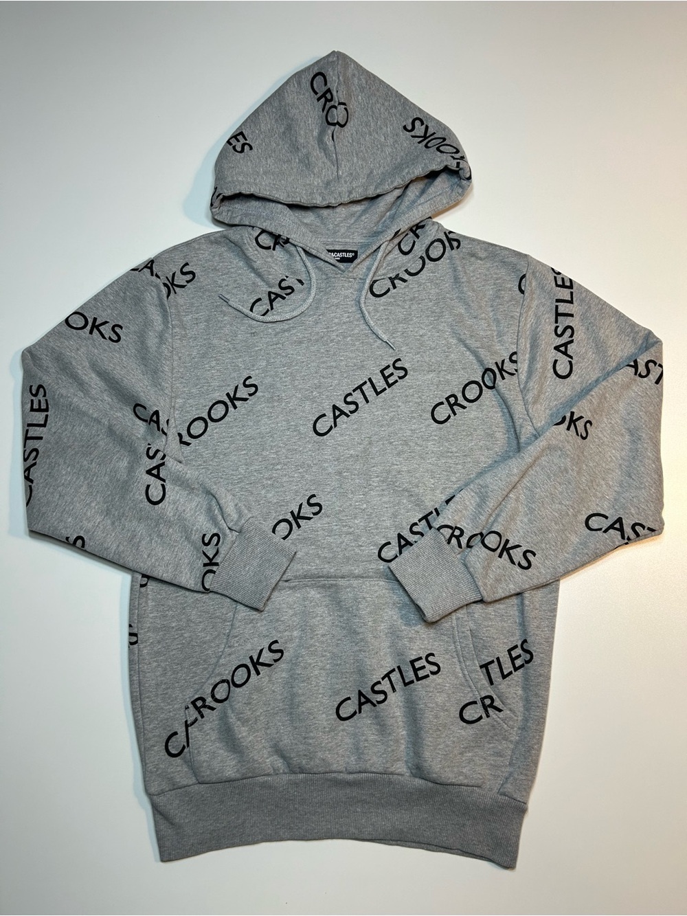 Crooks & Castles All Over Print Grey Pullover Hoodie Spellout Logo Fleece